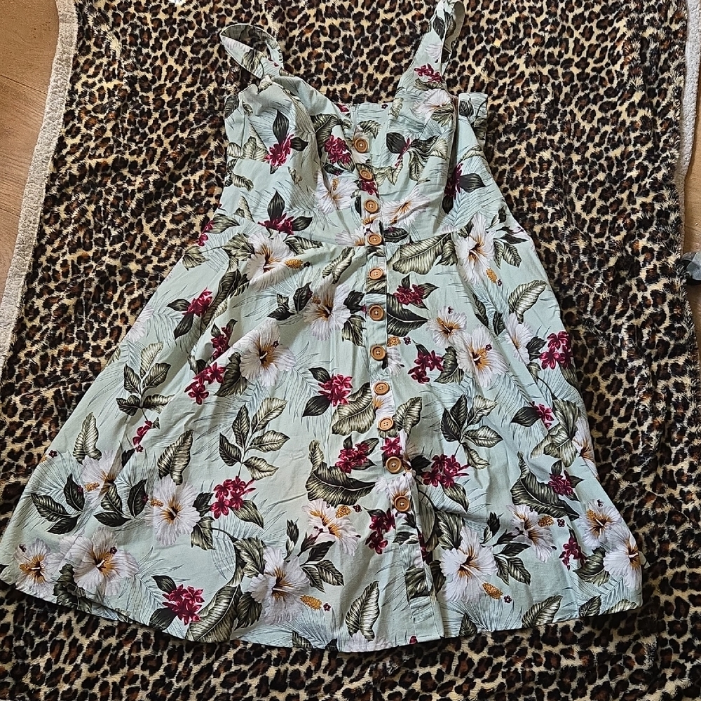 Hell Bunny Mint Floral Button-Front Sundress with Pink & Cream Blooms